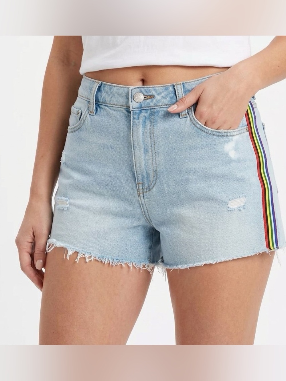 Denim Co Light Blue Distressed Cutoff Jean Shorts with colorful stripes on sides